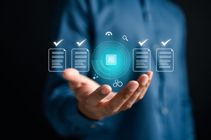 AI technology automates document verification for accuracy and compliance. Concept of smart data validation, digital document management, and paperless workflow using artificial intelligence.