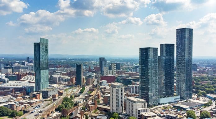 Wide angle aerial view of the skyline of Manchester, England, UK