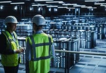 Spotlight on schedule: Delivering data centre construction at pace Data Center IT Specialist and System administrator Talk, Use Tablet Computer, Wearing Safety Wests. Server Clod Farm with Two Information Technology Engineers checking Cyber Security.