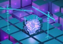 Digital Construction Week 2026 opens call for speakers Two virtual cranes build a complex structure of cubes crossed by light pulses, 3D render, representing the call for digital construction week speakers