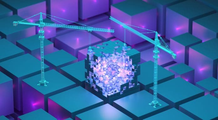 Two virtual cranes build a complex structure of cubes crossed by light pulses, 3D render, representing the call for digital construction week speakers