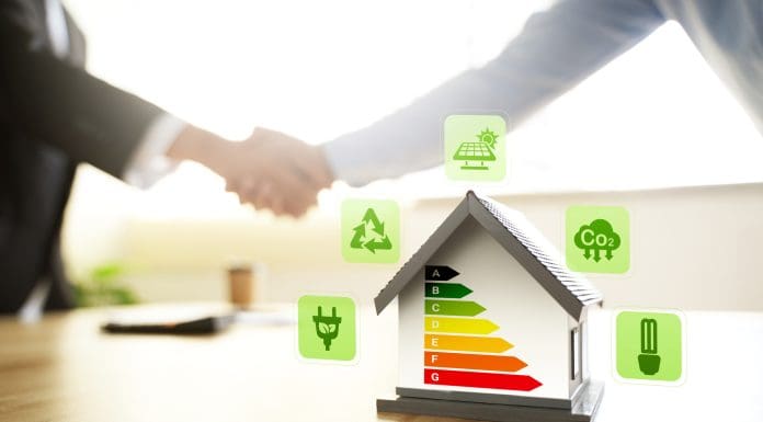 Energy-saving homes, energy efficiency concepts, eco-friendly home improvements, cost savings, low-energy eco-friendly homes, green handshake.