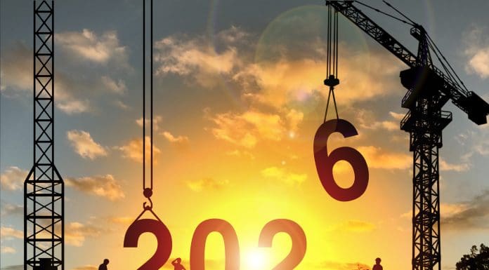 Construction camp site with cranes building construction prepare to welcome the new year 2026