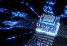 Accelerating the UK’s AI readiness Highdetail neural chip mounted on glossy PCB with converging luminous traces and cool cyan lighting, strong copy space. 3D render. Representing the UK's AI readiness