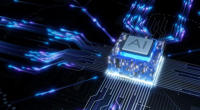 Highdetail neural chip mounted on glossy PCB with converging luminous traces and cool cyan lighting, strong copy space. 3D render. Representing the UK's AI readiness