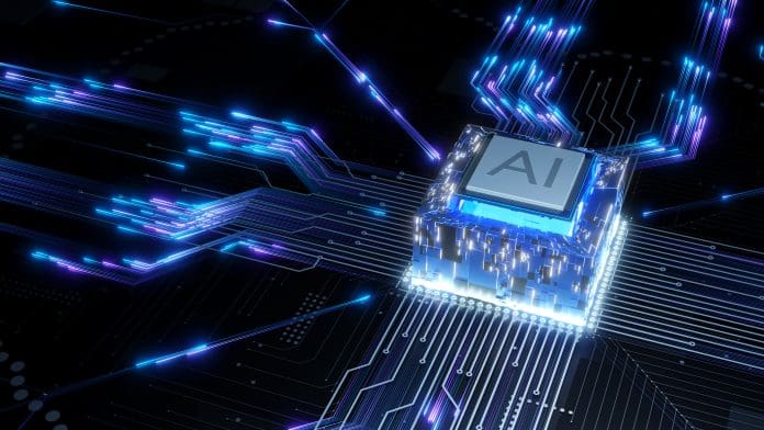 AI chip hub on dark PCB 3D render Highdetail neural chip mounted on glossy PCB with converging luminous traces and cool cyan lighting, strong copy space. 3D render. Representing the UK's AI readiness