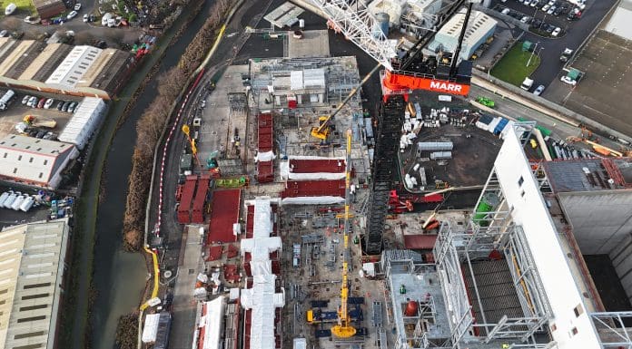 The world's largest luffing crane, the Marr 2480D, on site in Walsall
