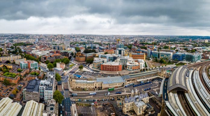 Aerial view of Bristol Temple Meads train station in cloudy day, UK