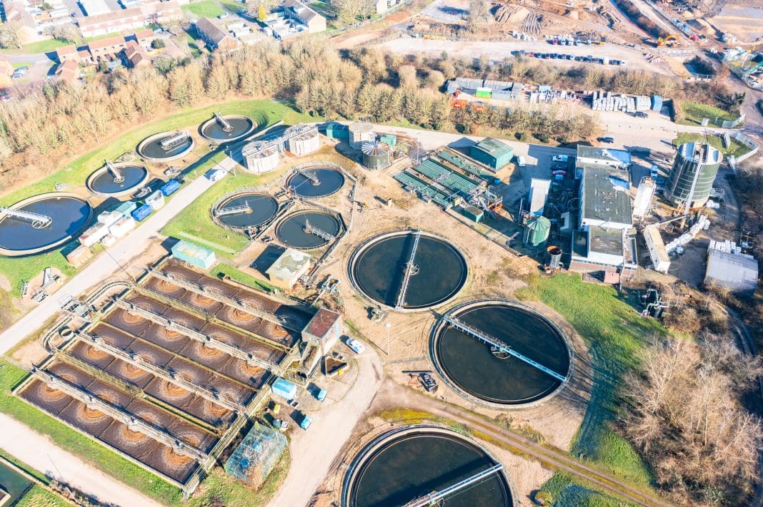 Aerial view of Guildford sewage treatment plant Surrey England Europe, representing the new Water White Paper