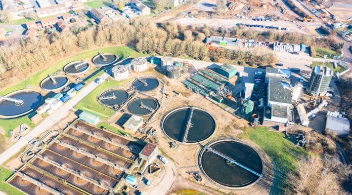 Aerial view of Guildford sewage treatment plant Surrey England Europe, representing the new Water White Paper