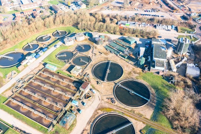 Water White Paper to overhaul UK water system Aerial view of Guildford sewage treatment plant Surrey England Europe, representing the new Water White Paper