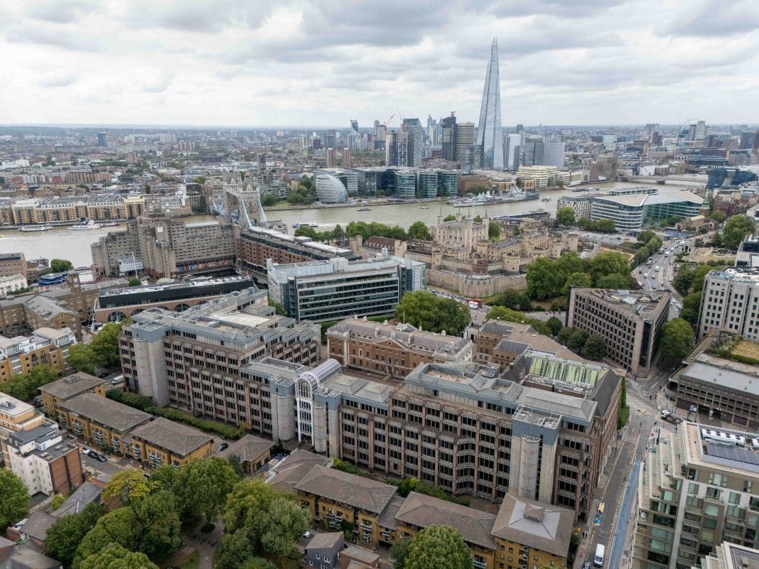 London, UK - August 21, 2025: Aerial photograph of the former site of the UK's Royal Mint, now owned by China to be the site of its new embassy in London © DroneNews
