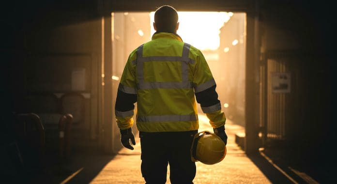 A lone worker in high-visibility clothing exits a dimly lit indu