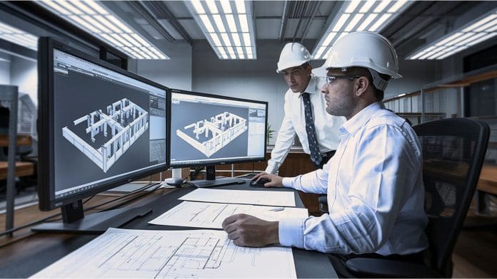 Two men in white shirts and hard hats look at two computer screens displaying 3D virtual models of building designs