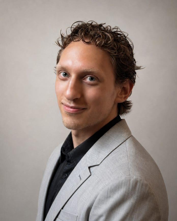 Headshot of Ron Zaum standing sideways on to the camera in a light jacket and black shirt