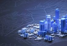 AI in construction design: What changes, what stays human High angle view of an architectural model showing an abstract smart city downtown with office buildings, skyscrapers and business districts, with edges illuminated by white and blue glowing lights. Concept for construction industry, BIM, facility management, CAD architectural design. Dark background with diagram and city map, copy space on left side.
