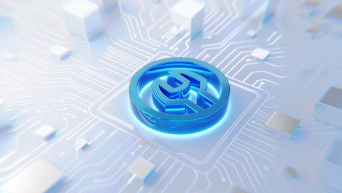 Digital repairing, under construction 3d symbol on an abstract circuit board. Zoom in and lens distortion effect