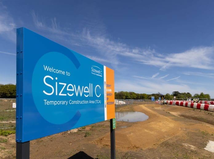 Sizewell C Construction Site Sign. DESNZ will need to monitor risks of Sizewell C delivery model closely, NAO warns