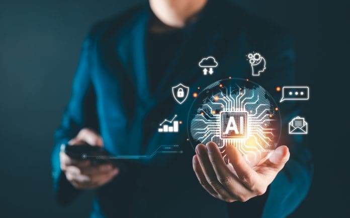 Ai Artificial Intelligence technology concept, Businessman using AI technology on smartphone, Futuristic technology transformation. Chat with AI, Enter prompt and searching data in global network Ai Artificial Intelligence technology concept, Businessman using AI technology on smartphone, Futuristic technology transformation. Chat with AI, Enter prompt and searching data in global network