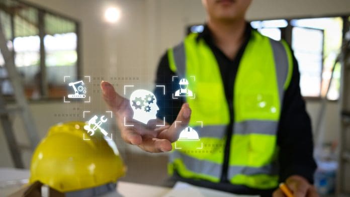 Smart construction technology concept with engineer activating virtual engineering tools.