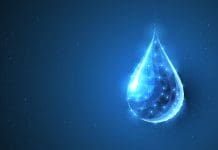 4D in AMP8: Bridging the water sector’s digital divide Drop. Low poly wireframe water drop on dark blue with dots and stars. Aqua, fresh, pure, liquid, nature or eco concept illustration or background