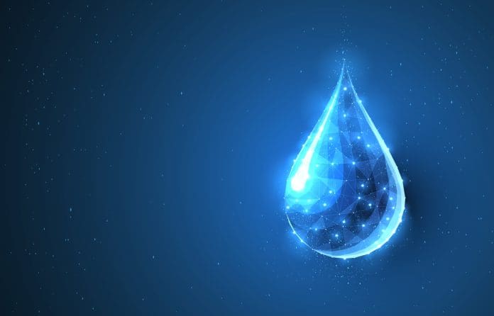 Drop. Low poly wireframe water drop on dark blue with dots and stars. Drop. Low poly wireframe water drop on dark blue with dots and stars. Aqua, fresh, pure, liquid, nature or eco concept illustration or background