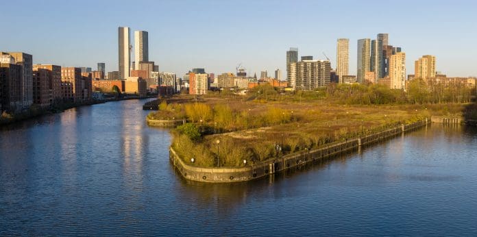 Panorama of River Irwell and Pomona Island. How to unlock urban brownfield for the logistics last mile