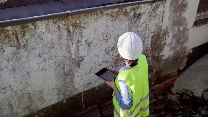 Inspector examining building wall with mold and moisture damage, evaluating structural integrity and planning for a renovation project and waterproofing solution Jen Lemen discusses five new hot topics for surveyors for July 2026