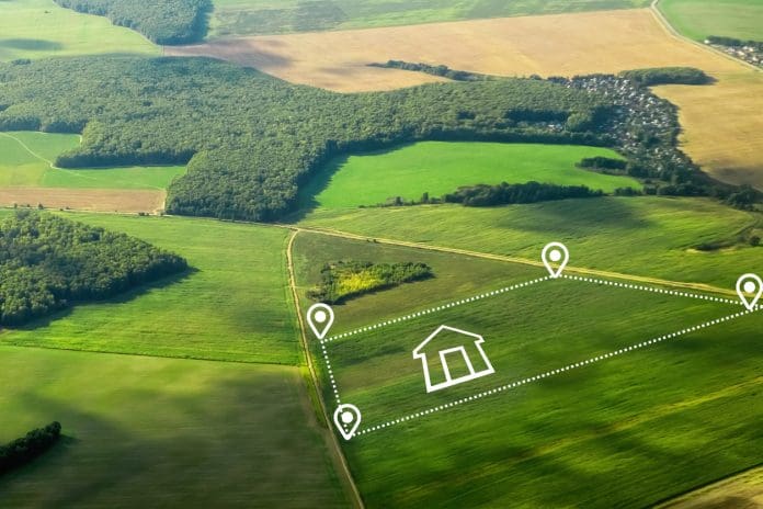 Land or landscape of green field with aerial view icon of residential agriculture farm. Mayoral powers boosted with development green light
