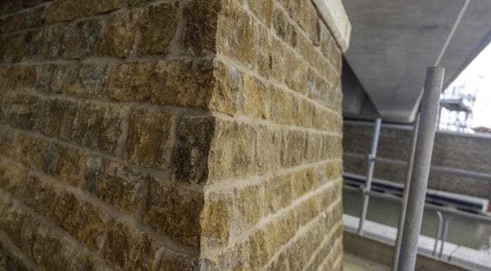 Closeup of the ironstone cladding on the HS2 Oxford Canal viaduct