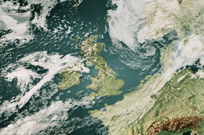 Storm Lilian 2024 Cloud Map United Kingdom 3D Render Color 3D Render of a Topographic Map of the United Kingdom with the clouds from August 23, 2024.