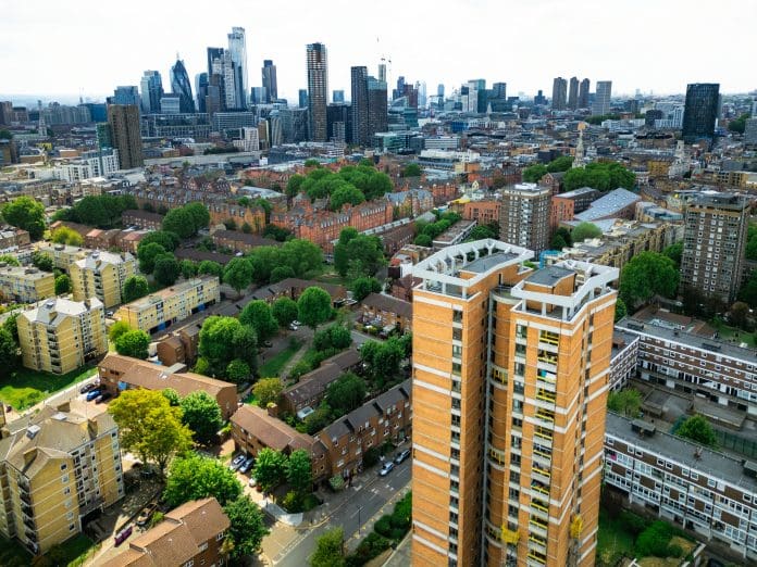 Aerial view over residential streets and apartment buildings of Hoxton in London, UK London set to be furthest behind on social housing, data finds
