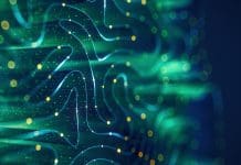 Cyber AI will protect critical infrastructure – and cybercriminals will try to steal it Abstract digital background featuring flowing blue and green lines with glowing yellow particles, evoking a sense of data flow or neural networks.