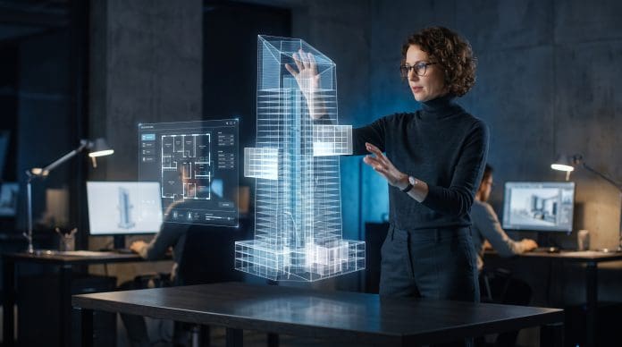 Architect interacting with a glowing 3D holographic building model floating above a dark wooden table in a modern industrial office space.