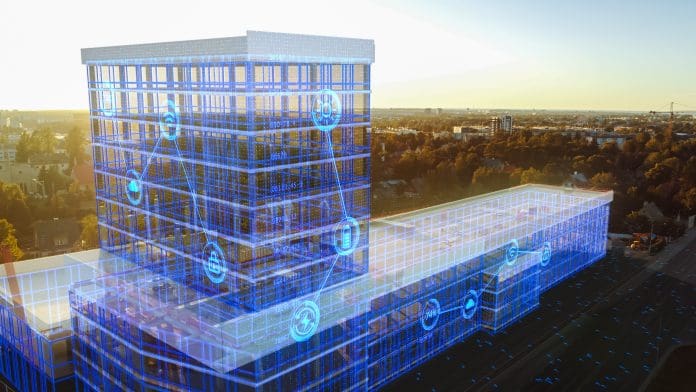 Aerial Drone Footage with VFX Concept: Building Construction Site Becomes Finished Project with 3D Graphics Effects On Image. Visualization, Digitalization of Design, Development of Megapolis The construction technology adoption gap isn't about technology