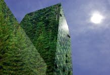 COP31: Turning climate ambition into action for the built environment Green, renewable energy in the city: modern building covered with spruce forest. Sustainable energy, pollution and urbanity concept with copy space.